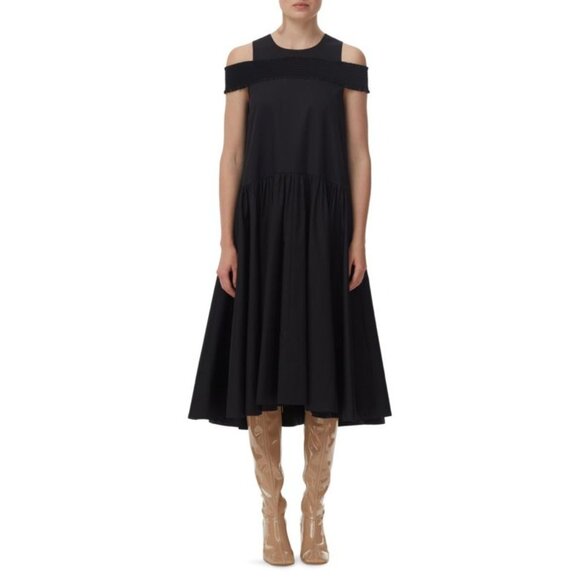 TIBI Eco black Poplin Smocked Midi Dress size 4